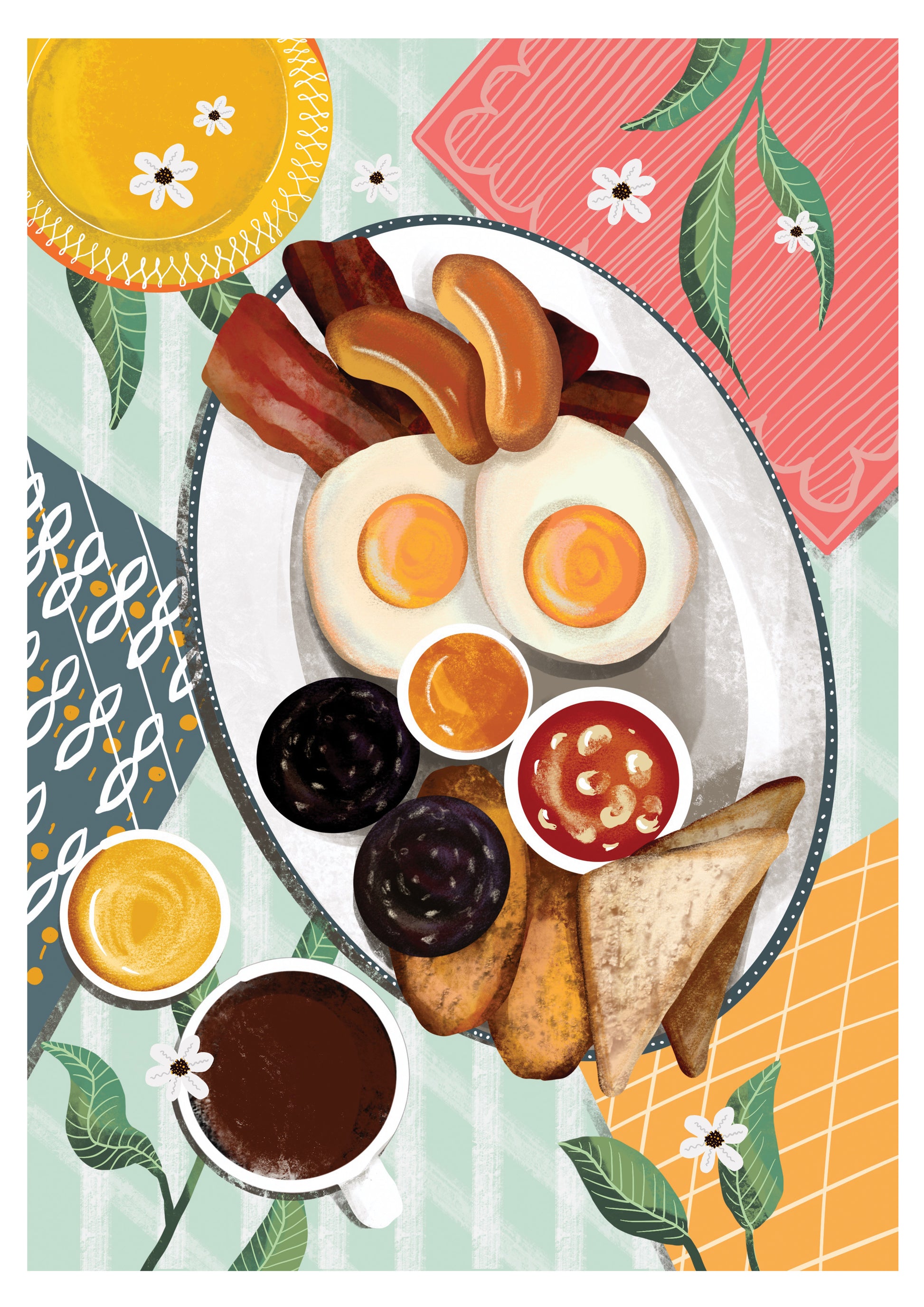 Illustration of a traditional Irish breakfast featuring two sunny-side-up eggs, sausages, crispy bacon, black and white pudding, toast, and baked beans on a large plate. The meal is accompanied by a cup of coffee and a small glass of orange juice. The background includes decorative napkins and floral patterns, adding a playful and vibrant touch to the scene. This breakfast art print captures the hearty and inviting nature of an Irish breakfast.