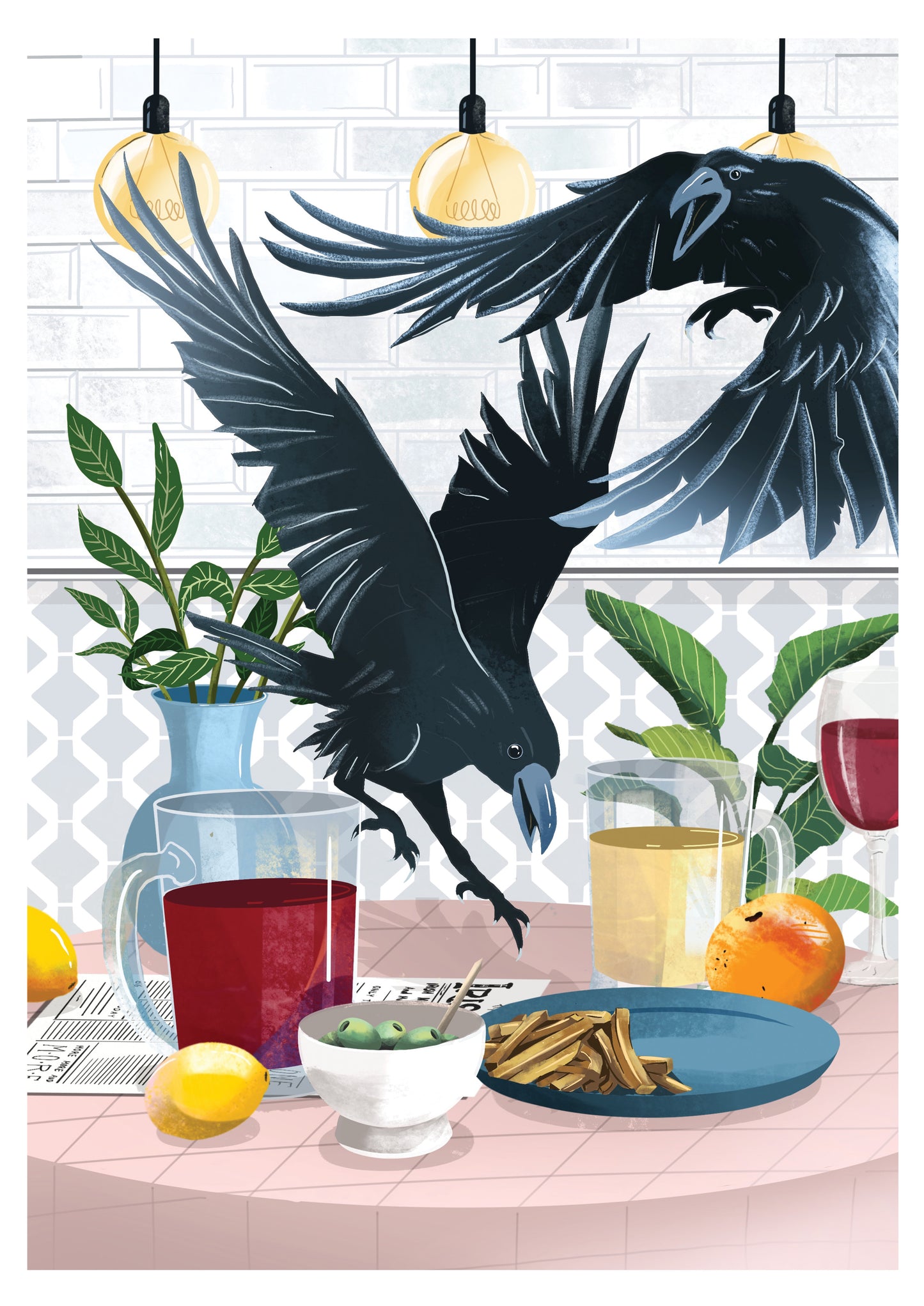 Illustration of two black crows in mid-flight above a table with assorted items, including a glass of red wine, a glass of yellow juice, a bowl of green olives, lemon, orange, and a plate of breadsticks. The table has a pink tiled surface, and the background features a white brick wall and patterned wallpaper with decorative plants in blue vases. Three hanging pendant lights with yellow bulbs illuminate the scene, adding a cozy yet dramatic atmosphere.