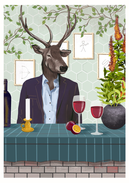 Whimsical art print of a deer with antlers dressed in a blazer and shirt, seated at a table with two glasses of red wine, a sliced passion fruit, and a yellow candle holder. The background features a light green hexagonal-patterned wall with framed minimalist sketches, leafy vines, and a potted plant with tall orange flowers, adding a blend of nature and elegance to the scene.