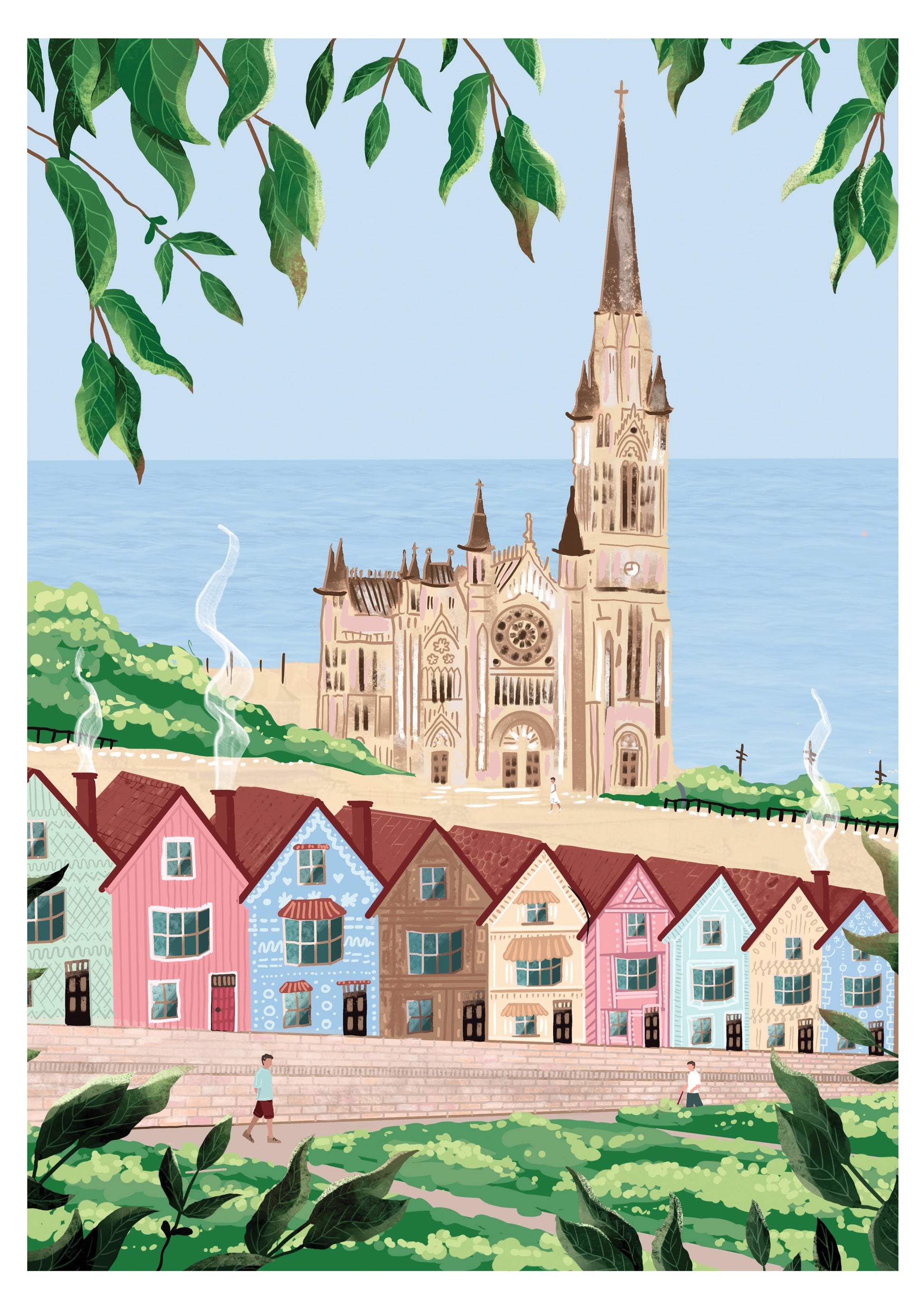 Cityscape art illustration of the Irish town of Cobh, featuring a cathedral and a row of colourfully painted houses.