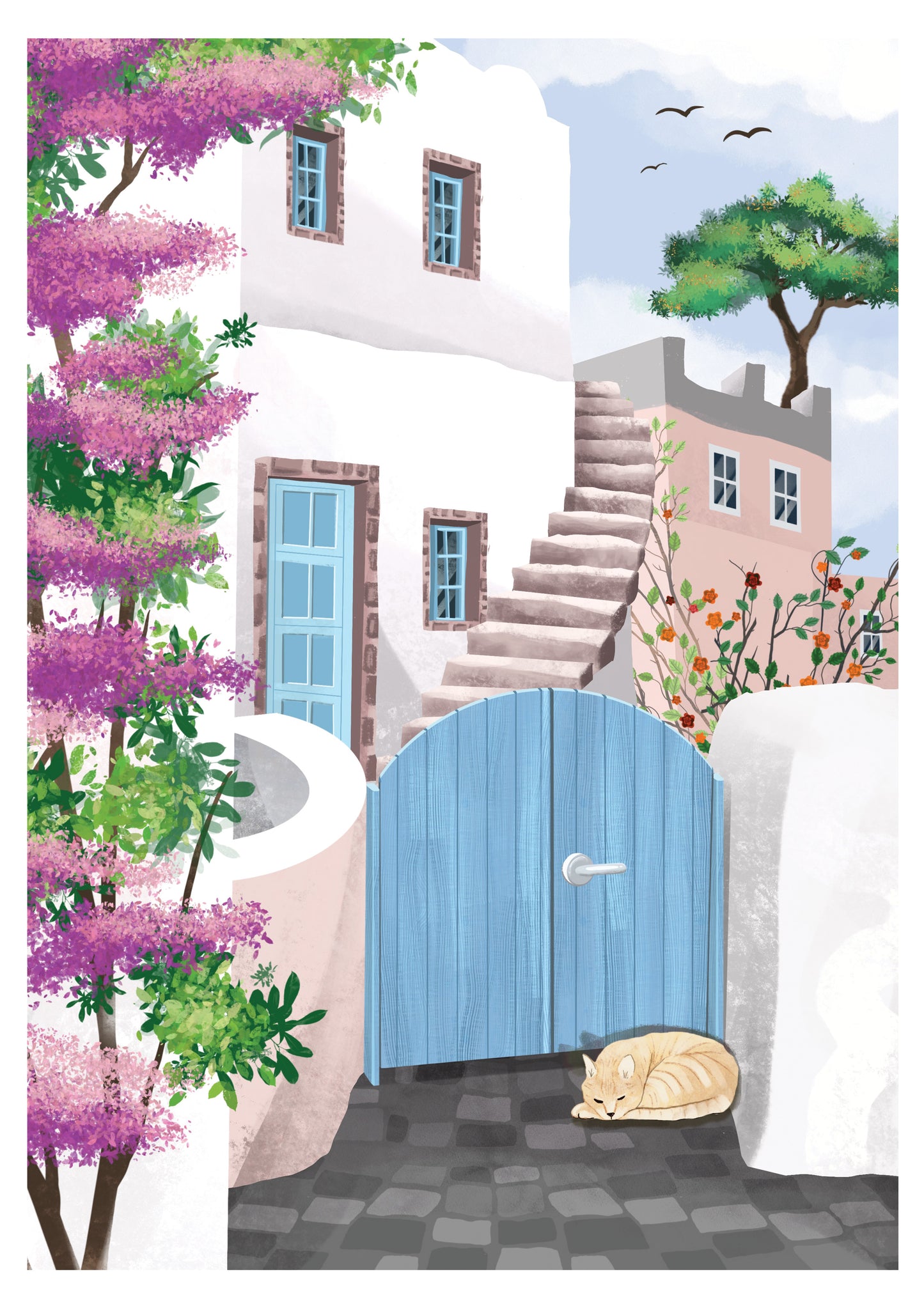 Santorini Sun travel art print of a peaceful Greek village scene with whitewashed buildings and light blue doors and windows. A small set of stone stairs leads up to a rooftop, and a blue wooden gate sits in the foreground, partially open. A light orange cat sleeps in front of the gate on a cobbled walkway. Vibrant purple flowers grow on a tall tree to the left, while a smaller tree with green foliage stands on a rooftop in the background. 