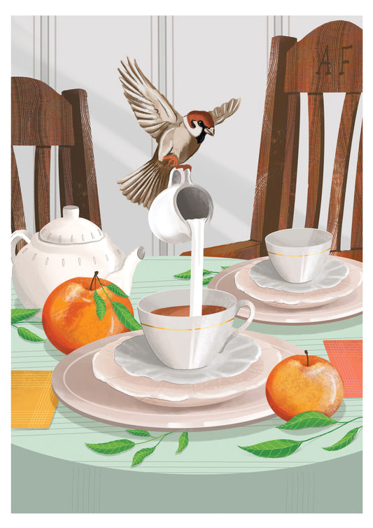 Bird art print illustration of a cozy tea scene featuring a sparrow mid-flight, pouring milk from a small jug into a teacup. The scene is set on a light green table with matching teacups and saucers, along with a white teapot and fresh oranges. Wooden chairs with carved details frame the background, while leaves are scattered on the table, adding a natural touch. Sunlight streams in softly, creating a warm and inviting atmosphere.