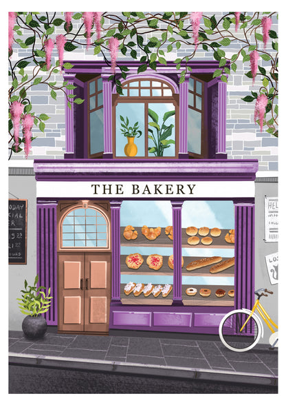 Whimsical art print illustration of a bakery storefront painted purple, with delicious freshly baked bread, crossiants and pastries in the window.